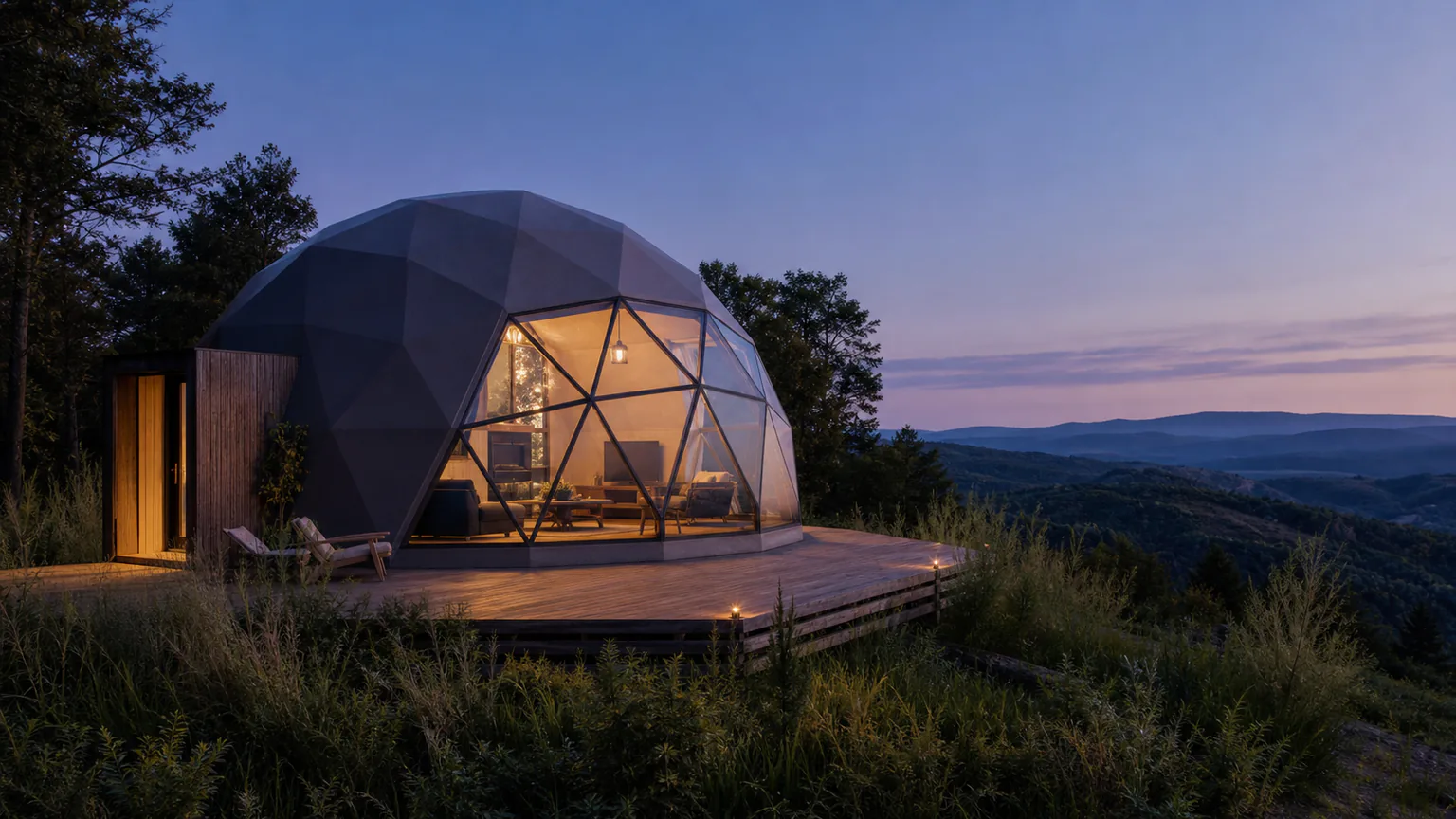 Dôme lodge panoramique intégré dans un paysage naturel