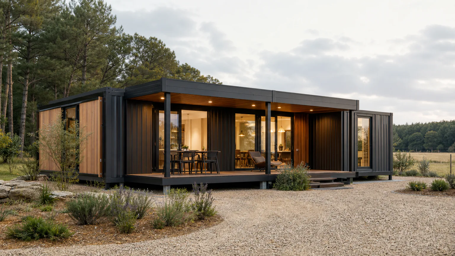 Module conteneur extensible contemporain dans un environnement arboré
