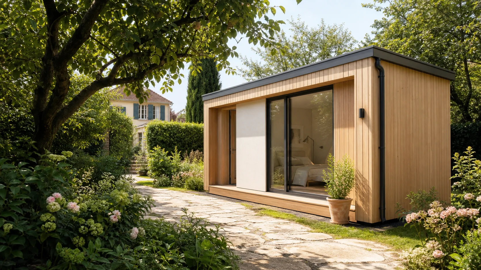Studio de jardin contemporain posé près d’une maison