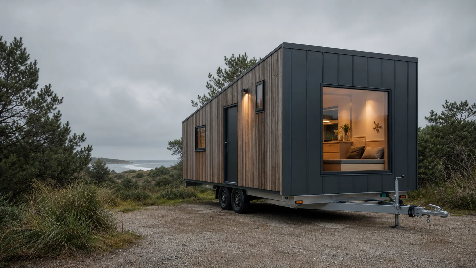 Tiny house contemporaine sur roues installée dans un paysage naturel